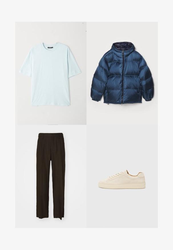 Filippa K PUFFER JACKET - Down jacket - dawn blue/navy; Light blue short-sleeve t-shirt with a crew neck, made from soft fabric. Features a relaxed fit and smooth texture without patterns or accents.; Brown, wide-leg trousers in a textured fabric featuring a high waist and front pleats. Straight-cut legs with clean, finished hems.; Beige suede sneaker with a low-top design, round toe, flat laces, and a textured rubber sole. Minimalist style with no visible logos.