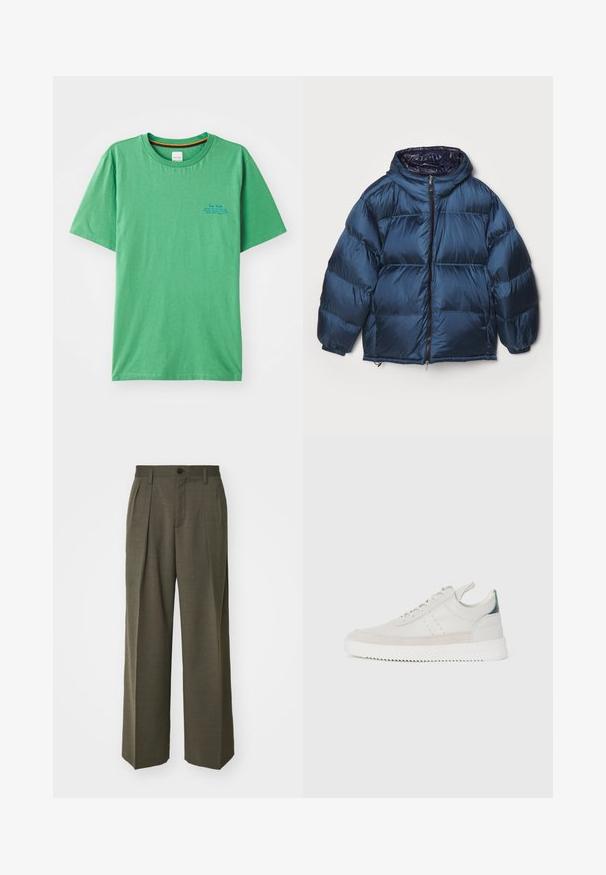 Filippa K PUFFER JACKET - Bunda z prachového peří - dawn blue/navy; Zelené bavlněné tričko s kulatým výstřihem, krátkými rukávy a malým modrým textem v levé hrudi. Hladký povrch.; Filippa K WIDE TROUSERS - Kalhoty - driftwood; Bílé kožené tenisky s šedými semišovými akcenty, šněrovací design, poutko a texturovaná gumová podrážka s cik-cak vzorem.