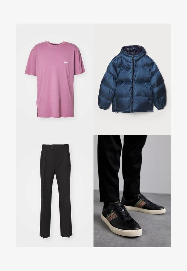 Filippa K PUFFER JACKET - Down jacket - dawn blue/navy; Pink cotton t-shirt with short sleeves, crew neck, and a side slit; features a small white logo on the left chest.; Black tailored trousers featuring a straight leg design, two front pockets, and a double-button closure at the waistband. Smooth fabric texture.; Black leather sneakers with multicolored striped accents, round toe, and white rubber soles, featuring lace-up design and embossed branding.