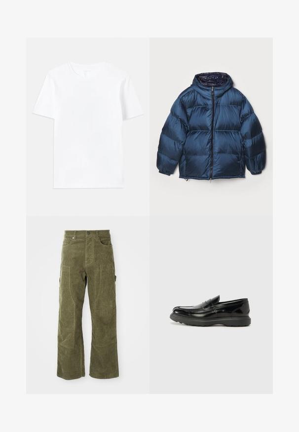 Filippa K PUFFER JACKET - Down jacket - dawn blue/navy; White cotton t-shirt with a classic crew neckline and short sleeves, featuring a smooth texture and a regular fit design.; Olive green corduroy pants with front and side pockets, reinforced knee panels, and a button and zipper closure.; Black leather loafer with a glossy finish, rounded toe, subtle stitching details, and a thick rubber sole for durability.