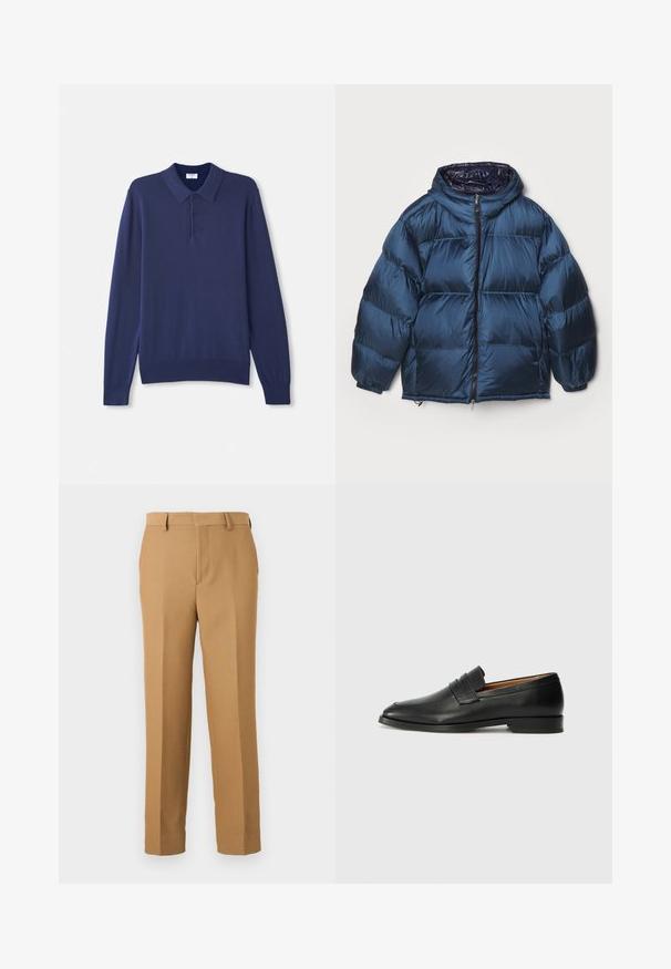 Filippa K PUFFER JACKET - Untuvatakki - dawn blue/navy; Tummansininen pitkähihaiset poolopaita pehmeästä neuloksesta. Ominaisuuksiin kuuluu klassinen kaulus, kolme nappia sekä ribbaus hihansuissa ja helmassa.; Beige dressipüksid, mis on valmistatud kudumiskangast, omavad sirget lõiget, lapikut esiosa ja vöökohapritsmeid. Sile tekstuur ilma nähtavate mustriteta.; Musta nahkainen loafer, jossa on pyöreä kärki, hienovarainen ommelkoristelu ja matala korko, joka on varustettu sileällä pinnalla ja minimalistisella designilla.
