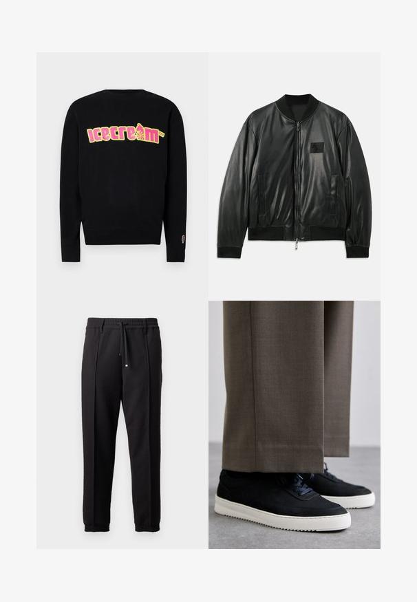 Black leather bomber jacket with a zip front, ribbed cuffs and hem, and side pockets; features a small logo patch on the chest.; Black sweatshirt with a colorful "icecream" graphic in yellow and pink. Features a ribbed neckline and cuffs, with a small ice cream icon on sleeve.; Black trousers with a waistband, drawstring, and elastic cuffs. Features pleats and a smooth, textured fabric.; Black suede sneakers with white rubber soles, featuring a rounded toe and laces, worn with gray tailored pants.
