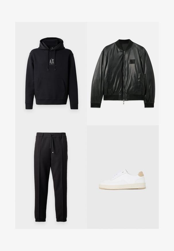 Svart lær bomberjakke med glidelås foran, ribbestrikkede mansjetter og nederkant, samt sidelommer; har et lite logo-patch på brystet.; Svart hettegenser laget av myk bomullsblanding, med en frontlomme, snøring i hetten og en liten logo på brystet. Enkelt, uformelt design.; Sorte bukser med liv, snor og elastiske mansjetter. Har plisséer og et glatt, teksturert stoff.; Hvite lave sneakers med overdel i teksturert skinn, kremfarget såle med ribber og en brunt fargeklatt på hælen. Har hvite lisser og logodetalj på hælen.