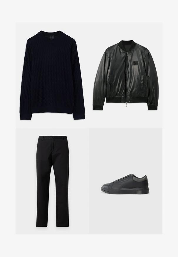 Jaqueta bomber de couro preta com fecho de correr à frente, punhos e barra canelados, e bolsos laterais; apresenta um pequeno emblema no peito.; Suéter azul marinho de mangas compridas com um padrão de malha texturizada em ondas e gola redonda canelada, punhos e bainha da Armani Exchange.; Calças pretas de perna reta com fecho de botão e zip, passantes para cinto e bolsos frontais, exibidas sobre fundo branco.; Sapatilha de couro preto com acabamento suave, bico arredondado e detalhes em cinza escuro. Apresenta um design de atacadores e sola de borracha texturizada.