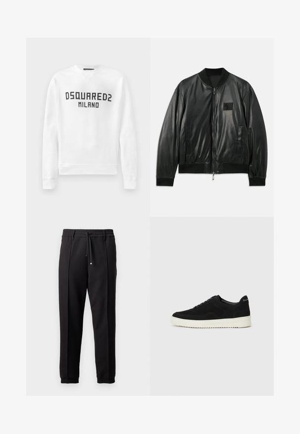 Black leather bomber jacket with a zip front, ribbed cuffs and hem, and side pockets; features a small logo patch on the chest.; White sweatshirt made of soft material featuring a crew neck, long sleeves, and a black "DSQUARED2 MILANO" logo on the front.; Black trousers with a waistband, drawstring, and elastic cuffs. Features pleats and a smooth, textured fabric.; Black suede sneaker with lace-up design and contrasting white rubber sole. Features textured side panels and subtle branding on the heel.