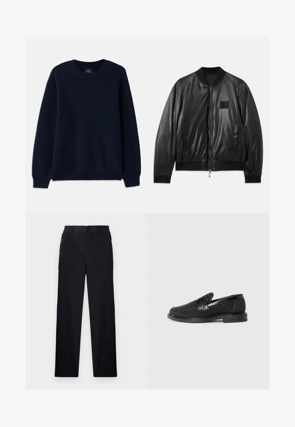 Jachetă bomber din piele neagră, cu închidere prin fermoar în față, manșete și tiv ribbed, și buzunare laterale; prezintă un mic patch cu logo pe piept.; Pulover cu dungi de culoare albastru marin, cu guler rotund și mâneci lungi. Prezintă un model texturat pe întreaga țesătură.; Pantaloni negri dintr-un material ușor, texturat, cu croială drept pentru picioare, talie elastică și buzunare laterale cu fermoar.; Pantofii negri din material textil, cu accent din piele netedă pe partea superioară, design cu vârf rotund și talpă din cauciuc de profil redus.