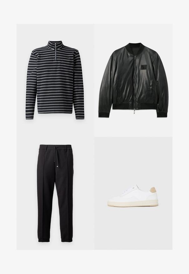 Jachetă bomber din piele neagră, cu închidere prin fermoar în față, manșete și tiv ribbed, și buzunare laterale; prezintă un mic patch cu logo pe piept.; Pulover cu mânecă lungă în dungi bleumarin și gri, cu guler cu fermoar până la jumătate și un buzunar pe piept, fabricat dintr-un material texturat.; Pantaloni negri cu un brâu, șnur și manșete elastice. Prezintă pliuri și un material neted, texturat.; Tenisi albi cu vârful jos, cu un exterior din piele texturată, talpă crem cu striații și accent de călcâi în nuanță de bej. Au șireturi albe și detalii cu logo pe călcâi.