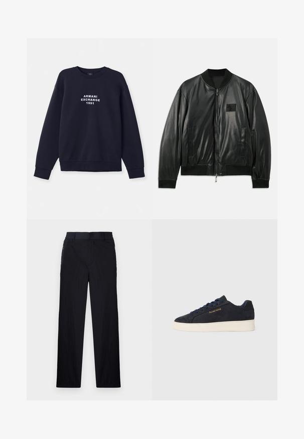 Chaqueta bomber de cuero negro con cierre de cremallera en la parte delantera, puños y dobladillo acanalados, y bolsillos laterales; presenta un pequeño parche de logo en el pecho.; Sudadera azul marino con mangas largas, cuello redondo y puños de canalé. Presenta el logo en blanco "ARMANI EXCHANGE 1991" impreso en la parte frontal.; Pantalones negros con una tela ligera y texturizada, diseño de pierna recta, cinturilla elástica y bolsillos laterales con cremallera.; Zapatilla baja de ante azul marino con suela blanca, cordones azul marino y logo de "Filling Pieces" en dorado en el lateral.
