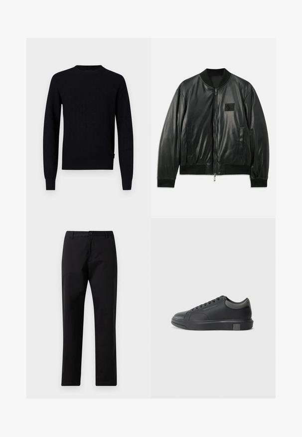 Zwarte leren bomberjack met een ritssluiting aan de voorkant, geribbelde manchetten en onderrand, en zijzakken; heeft een klein logo-opdruk op de borst.; Zwarte gebreide trui met een ruitpatroon, ronde hals, lange mouwen en geribbelde manchetten en onderkant. Gemaakt van een zachte, gestructureerde stof.; Zwarte rechte broek met knoop- en ritssluiting, riemlussen en steekzakken, weergegeven op een witte achtergrond.; Zwarte leren sneaker met een gladde afwerking, ronde neus en donkergrijze accenten. Beschikt over een vetersluiting en een getextureerde rubberen zool.