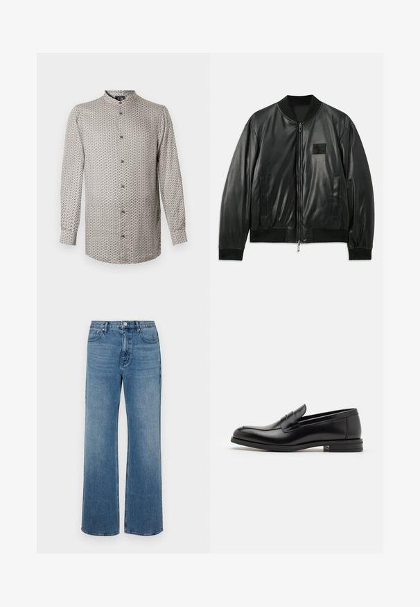 Czarna skórzana kurtka bomberka z zamkiem z przodu, prążkowanymi mankietami i dołem oraz bocznymi kieszeniami; posiada małą naszywkę z logo na klatce piersiowej.; Koszula z długim rękawem w beżowo-czarny wzór geometryczny, z stójką i zapinaniem na guziki, wykonana z lekkiego materiału.; Szerokie niebieskie dżinsy wykonane z denimu o wyblakłym wykończeniu. Posiadają pięć kieszeni, zapięcie na guzik z przodu oraz prosty krój.; Czarne skórzane mokasyny o gładkiej fakturze, zaokrąglonym nosku i dekoracyjnym pasku na przodzie. Niski, warstwowy obcas, minimalistyczny design.