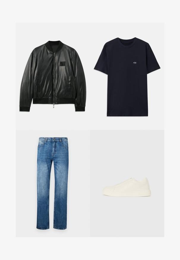 Crna kožna bomber jakna s patentnim zatvaračem sprijeda, rebrastim čarapa i porubom, te bočnim džepovima; s malom logom oznakom na prsima.; Tamno plava pamučna majica s kratkim rukavima i okruglim izrezom. Sadrži mali bijeli "A|X" logo na lijevoj strani prsnog područja.; Plave traperice s ravnim krojem, koje imaju pet džepova, petlje za remen i suptilno izbleđivanje po tkanini.; Niske bež kožne tenisice s okruglim vrhom, minimalnim šavovima i bočnim patentnim zatvaračem na bijeloj pozadini.