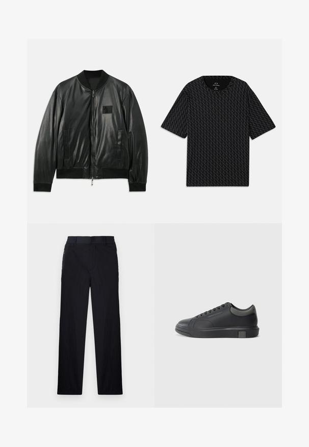 Fekete bőr bomber dzseki, cipzáras elülső résszel, bordázott mandzsettával és hemvel, valamint oldalsó zsebekkel; a mellkasán egy kis logó folt található.; Fekete póló, váltakozó 'A' logók textúrájával, rövid ujjakkal és kerek nyakkivágással. Könnyű anyagból készült.; Fekete nadrág könnyű, textúrált anyagból, egyenes szárú kialakítással, rugalmas derékpánttal és oldalsó cipzáras zsebekkel.; Fekete bőrlábbeli sima felülettel, kerek orral és sötétszürke kiegészítőkkel. Fűzős kialakítású és texturált gumitalppal rendelkezik.