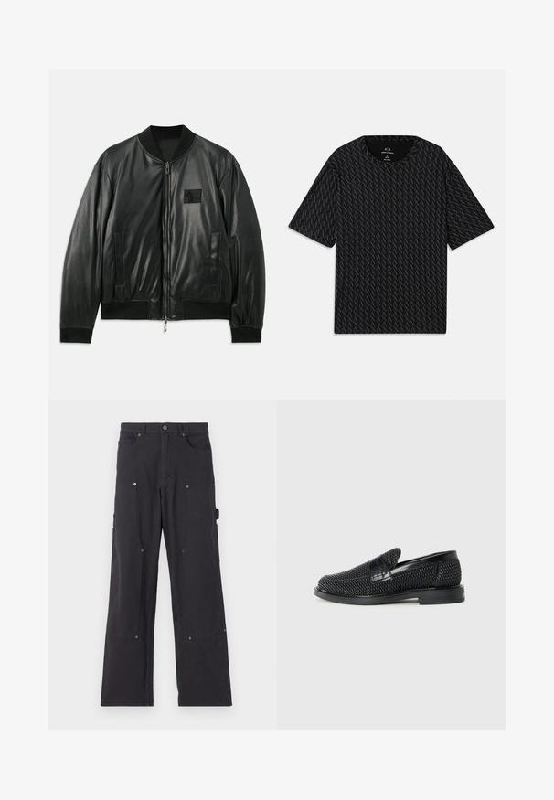 Giacca bomber nera in pelle con zip frontale, polsini e orlo a costine, e tasche laterali; presenta una piccola patch con logo sul petto.; T-shirt nera con un motivo testurizzato di loghi 'A' alternati, maniche corte e scollo rotondo. Realizzata in tessuto leggero.; Pantaloni cargo neri realizzati in tessuto resistente con un design a gamba dritta, dotati di tasche anteriori, bottoni a pressione e tasche laterali utilitarie.; Scarpa nera a mocassino intrecciata con un accentuato in pelle liscia sulla parte superiore, design a punta rotonda e suola in gomma a profilo basso.