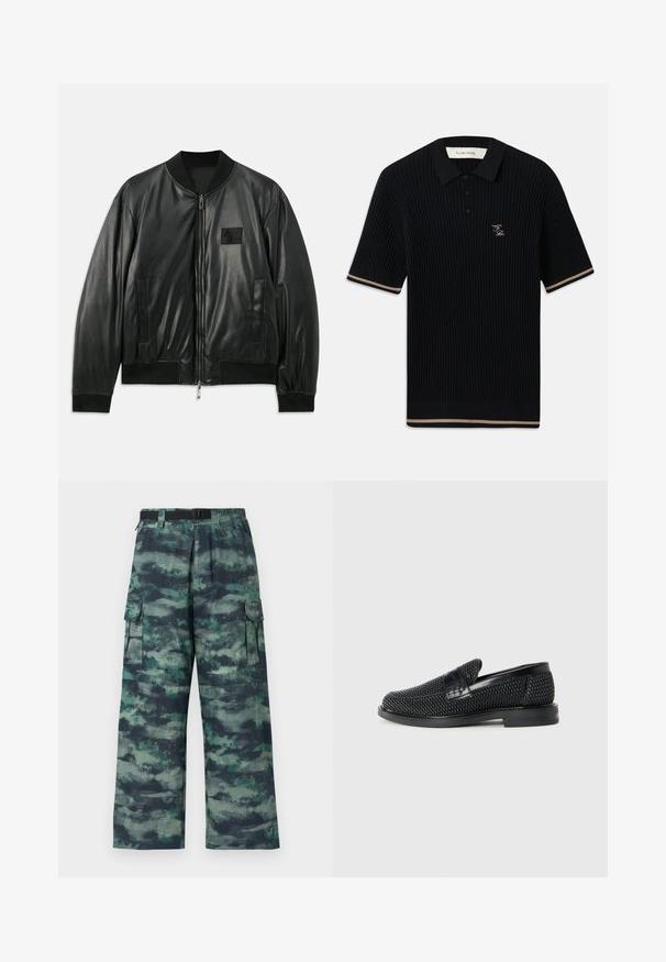 Musta nahast bomber-jakk, millel on lukuga esiosa, ribakäised ja alläär, samuti küljetaskud; rinnal on väike logopatch.; Mustarib lühikeste varrukatega polo särk, millel on krae, kolm nööpi, beež ääristamine käistel ja allservas ning FP tikand vasakul rinnal.; Kamikapüksid kamuflaažimustriga, mis sisaldavad tumeroheline, türkiissinine ja musta toone. Laia sääre disain külgedel taskutega ning vöökoht on vöödiga.; Must musta kootud slip-on king, millel on pehme nahast accent ülaserval, ümmargune varvas ja madal profiiliga kummitald.