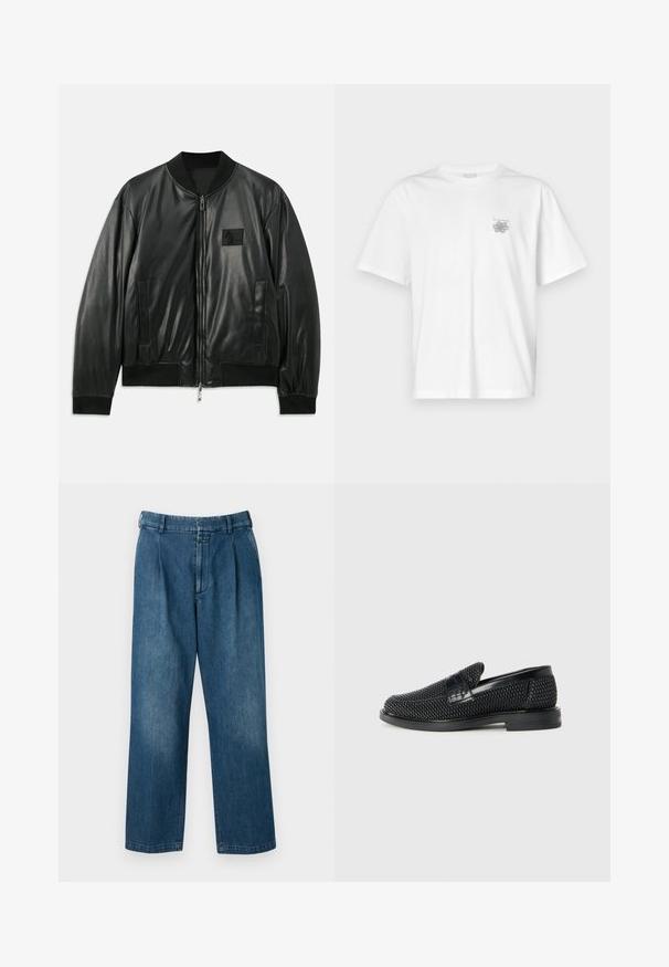 Chaqueta bomber de cuero negro con cierre de cremallera en la parte delantera, puños y dobladillo acanalados, y bolsillos laterales; presenta un pequeño parche de logo en el pecho.; Camiseta blanca de algodón con mangas cortas, cuello redondo y un pequeño logo gris en el lado izquierdo del pecho. Textura suave.; Pantalones de mezclilla azul con un diseño de pierna recta, que presentan una cintura alta, pliegues frontales y un cierre clásico de botón. Textura suave.; Zapato negro de tejido con un acento de cuero suave en la parte superior, diseño de punta redonda y suela de goma de perfil bajo.