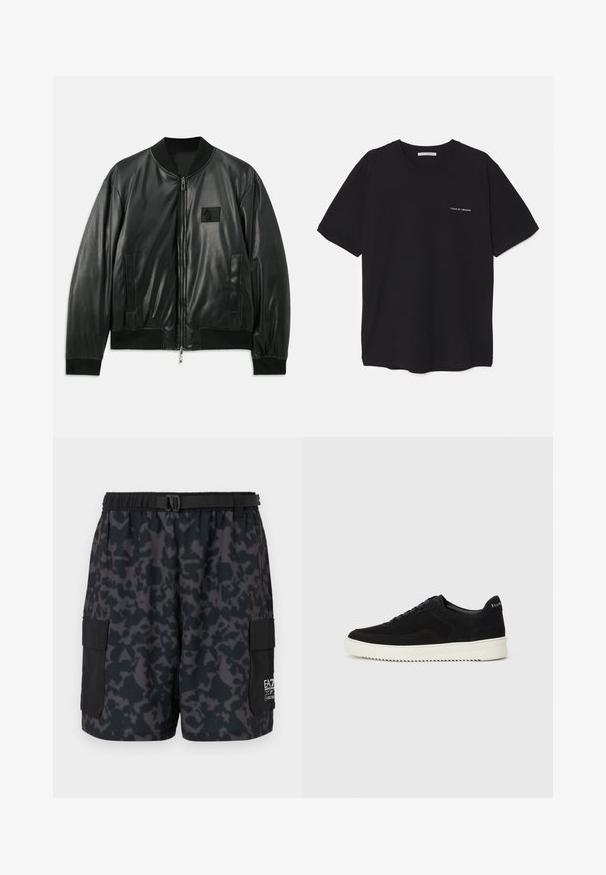 Musta nahast bomber-jakk, millel on lukuga esiosa, ribakäised ja alläär, samuti küljetaskud; rinnal on väike logopatch.; Must musta T-särk, ümar kaelus, lühikesed varrukad ja valge logo trükk vasakul rinnal. Lihtne, ühtlane värvitoon.; Mustad lühikesed püksid tumeda kamuflaažimustriga, elastse vöökoha, küljetaskute ja pandlaga vööga. Valmistatud kergest ja mugavast materjalist.; Mustad suede jooksujalatsid, millel on paelad ja kontrastne valge kummitald. Omab tekstuuriga külgpaneele ja tagasihoidlikku brändimist kandadel.