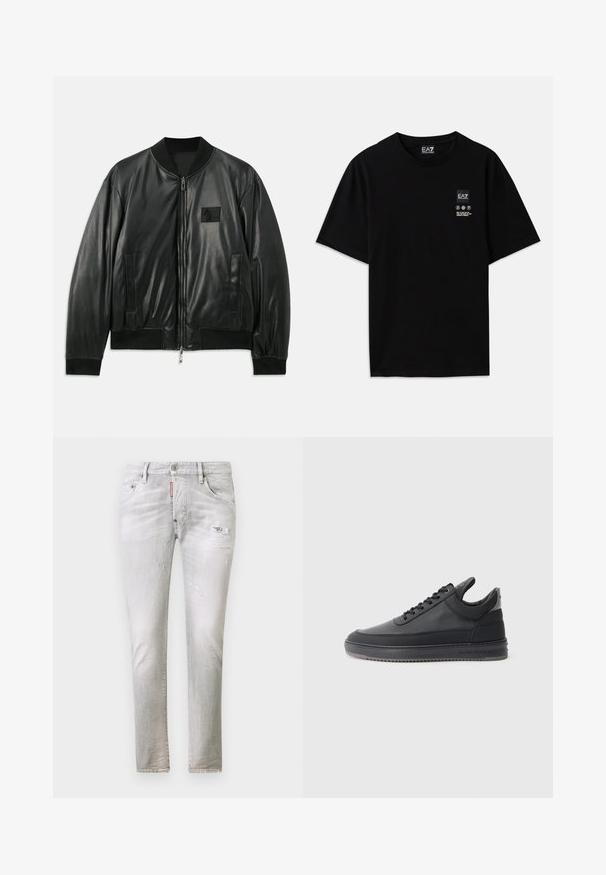 Musta nahast bomber-jakk, millel on lukuga esiosa, ribakäised ja alläär, samuti küljetaskud; rinnal on väike logopatch.; Must must-habetic T-särk mustadest puuvilladest lühikeste varrukatega, ümar kaelus ja väike logo silt ees, mis sisaldab hooldusmärke valgena.; Heled hallid teksad, millel on kulutatud detailid, sirge sääre disain ja klassikaline viie-tasku stiil, millel on bränditud plaastriga vööl.; Mustad nahkkingad tekstuurse pinnaga, kinnitatavad paeltega, madala varbaga ning hall kummitald, millel on sooneline äär.