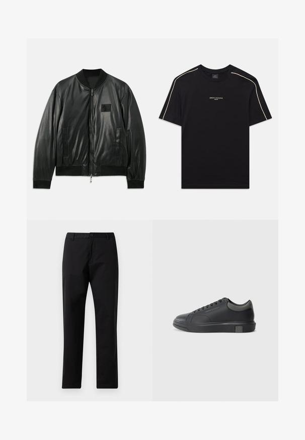 Melnas ādas bomber jakas ar rāvējslēdzēju priekšā, ribota aproces un apakšmalas, kā arī sānu kabatām; uz krūtīm ir neliels logo uzlīme.; Melna kokvilnas T-kreklā ar īsām piedurknēm, noapaļotu kakla izgriezumu, bēšas akcentu šķērsšuvēm plecos un ARMANI EXCHANGE logotipu vidū.; Melni taisni bikses ar pogu un rāvējslēdzēja aizdari, jostas cilpām un priekšējiem kabatām, izliktas uz baltas fona.; Melna ādas sporta apavi ar gludu apdari, noapaļotu purngali un tumši pelēkiem akcentiem. Aprīkoti ar šņorēšanas dizainu un strukturētu gumijas zoli.