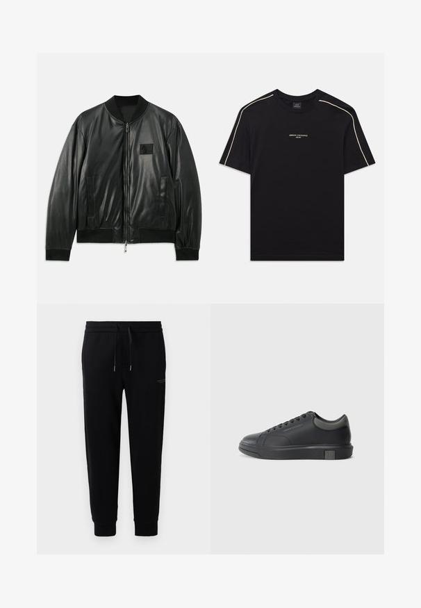 Melnas ādas bomber jakas ar rāvējslēdzēju priekšā, ribota aproces un apakšmalas, kā arī sānu kabatām; uz krūtīm ir neliels logo uzlīme.; Melna kokvilnas T-kreklā ar īsām piedurknēm, noapaļotu kakla izgriezumu, bēšas akcentu šķērsšuvēm plecos un ARMANI EXCHANGE logotipu vidū.; Melnas sporta bikses, izgatavotas no kokvilnas maisījuma, ar elastīgu jostu un auklu, piedurkņu galiem ar elkoņiem un diskrētu logo druku sānos.; Melna ādas sporta apavi ar gludu apdari, noapaļotu purngali un tumši pelēkiem akcentiem. Aprīkoti ar šņorēšanas dizainu un strukturētu gumijas zoli.