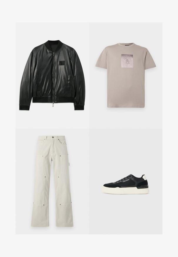 Črna usnjena bomber jakna z zadrgo na sprednji strani, rebrastimi manšetami in robom ter stranskimi žepi; ima majhen logotipni žep na prsih.; Bež bombažna majica s krožnim izrezom in kratkimi rokavi. Na sredini je kvadratna grafika logotipa z zelenim besedilom in oblikovnimi poudarki.; Široke, svetlo bež hlače iz bombaža z gladko teksturo, z našitimi žepi in kovinskimi dodatki.; Črne superge iz mrežastega materiala in usnja, z debelim belim podplatom in kontrastnimi poudarki. Pertle in detajl logotipa ob strani.