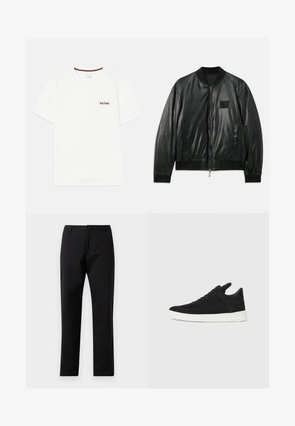 Fekete bőr bomber dzseki, cipzáras elülső résszel, bordázott mandzsettával és hemvel, valamint oldalsó zsebekkel; a mellkasán egy kis logó folt található.; Fehér pamut póló rövid ujjal. Kicsi, színes hímzett logóval rendelkezik a bal mellen és csíkos nyakkivágása van.; Fekete egyenes szabású nadrág gombos és cipzáras záródással, övhurkokkal és elülső zsebekkel, fehér háttérre kihelyezve.; Fekete nubuk sportcipő fehér gumitalppal, tónusos varrással és fűzős kialakítással. Simák a textúrája, modern, letisztult formával rendelkezik.