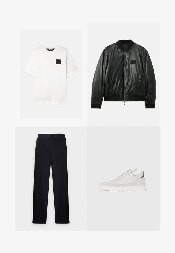 Melnas ādas bomber jakas ar rāvējslēdzēju priekšā, ribota aproces un apakšmalas, kā arī sānu kabatām; uz krūtīm ir neliels logo uzlīme.; Balta kokvilnas T-kreklā ar īsām piedurknēm, kas satur melnu kvadrātveida logotipa uzlīmi kreisajā krūtī. Apaļš kakla izgriezums, brīvs piegriezums.; Melni bikses ar vieglu, teksturētu audumu, taisnu kāju dizainu, elastīgu jostu un sānu rāvējslēdzēju kabatām.; Baltas ādas sporta apavi ar pelēka zamšādas akcentiem, saistoša dizaina, ar vilkšanas cilpu un teksturētu gumijas zoli, kas raksturojas ar zigzag rakstu.