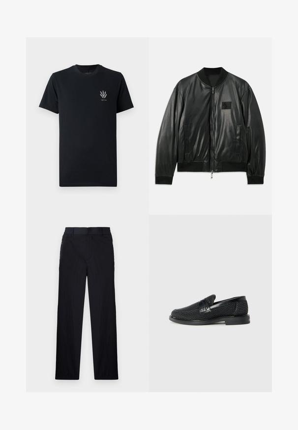 Černá kožená bomber bunda se zipem vpředu, žebrovanými manžetami a lemem a bočními kapsami; má malou nášivku loga na hrudi.; Černé bavlněné tričko s kulatým výstřihem, krátkými rukávy a malou grafikou mečů v bílé barvě na levé části hrudi.; Černé kalhoty s lehkým, strukturovaným materiálem, rovnými nohavicemi, elastickým pasem a postranními zipovými kapsami.; Černé pletené nazouvací boty s hladkým koženým akcentem na svršku, kulatou špičkou a nízkoprofilovou gumovou podrážkou.