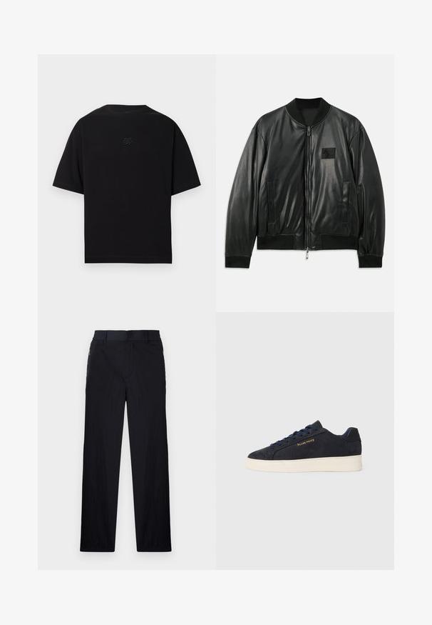 Musta nahast bomber-jakk, millel on lukuga esiosa, ribakäised ja alläär, samuti küljetaskud; rinnal on väike logopatch.; Mustast puuvillast lühikeste varrukatega t-särk. Omab ümarat kaelust ja peenelt tikitud logo rinnal. Sile tekstuur.; Mustad püksid, millel on kerge, tekstuuriga kangas, sirge jala disain, elastne vöökoht ja küljetaskud sipsiga.; Tumedat sinine seemisnahast madala profiiliga tennis, valge tossutald, tumesinised paelad ning küljes kuldne "Filling Pieces" logo.