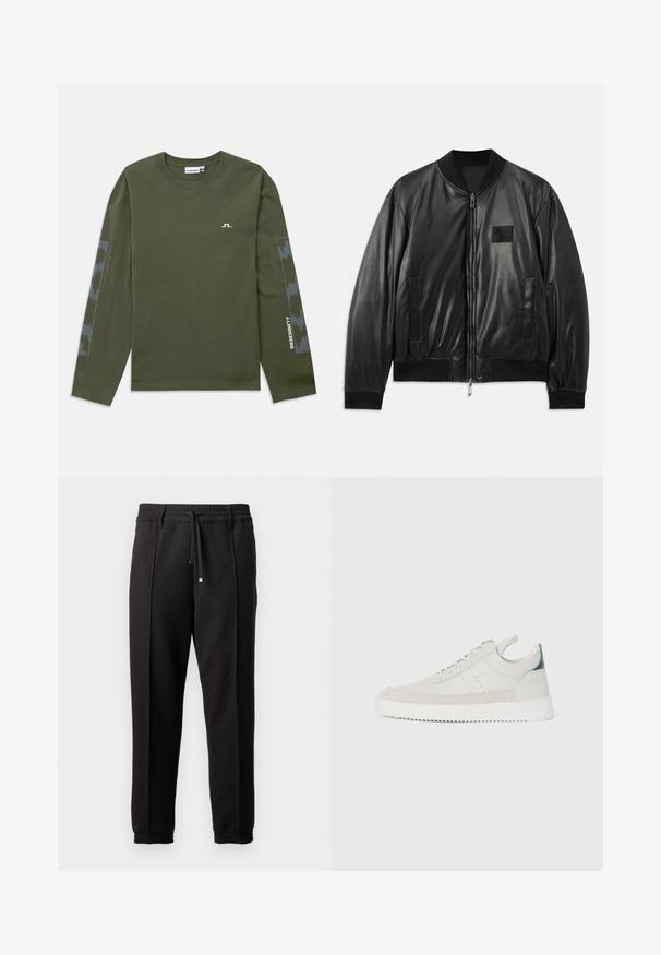 Svart lær bomberjakke med glidelås foran, ribbestrikkede mansjetter og nederkant, samt sidelommer; har et lite logo-patch på brystet.; Langermet olivengrønn T-skjorte laget av bomull, med en liten hvit logo på brystet og et mønstrete grått aksent på ermene.; Sorte bukser med liv, snor og elastiske mansjetter. Har plisséer og et glatt, teksturert stoff.; Hvite lær sneakers med grå semsket skinndetaljer, snøring, bånd for å dra opp, og en teksturert gummisåle med en sikksakk-mønster.