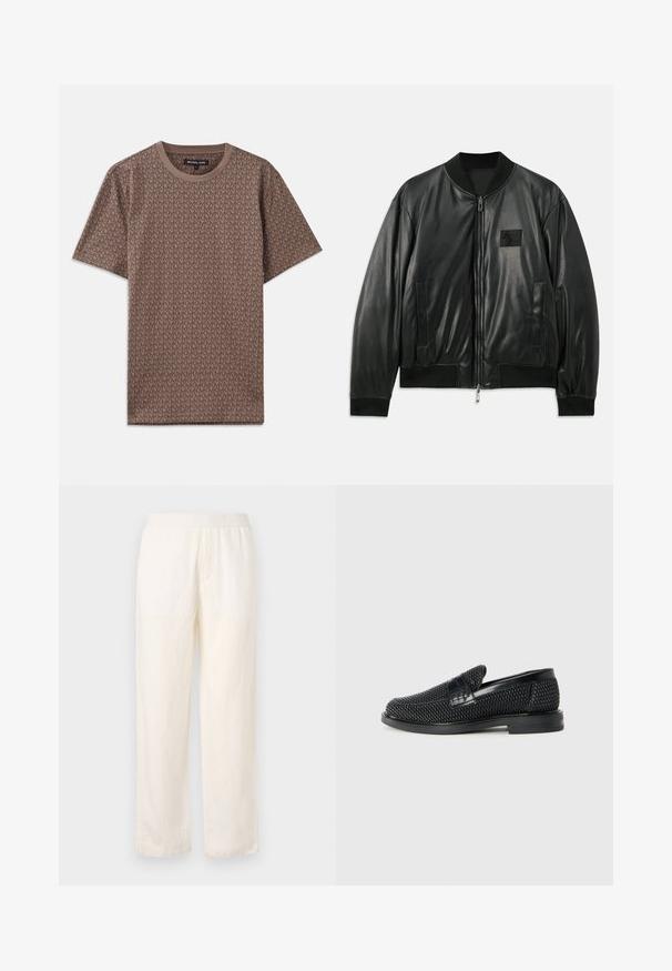 Musta nahast bomber-jakk, millel on lukuga esiosa, ribakäised ja alläär, samuti küljetaskud; rinnal on väike logopatch.; Prune lühikeste varrukatega T-särk, millel on korduv MK logo muster, ümmargune kaelus ja pehme kangatekstuur.; Kerged, kreemivärvi püksid elastse vöökoha, sirge jala disaini ja peene tekstuuriga. Ilma nähtavate taskuteta.; Must musta kootud slip-on king, millel on pehme nahast accent ülaserval, ümmargune varvas ja madal profiiliga kummitald.