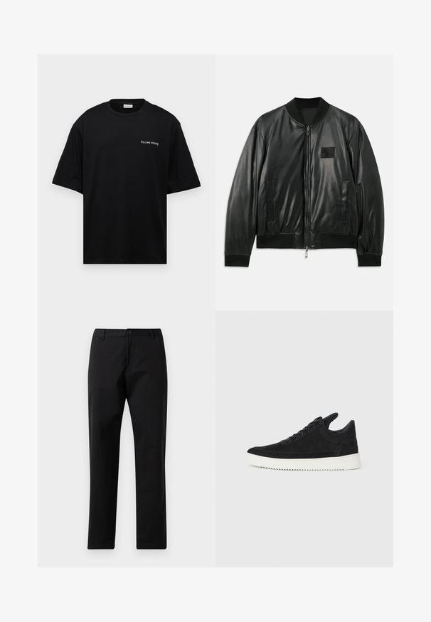 Černá kožená bomber bunda se zipem vpředu, žebrovanými manžetami a lemem a bočními kapsami; má malou nášivku loga na hrudi.; Černé bavlněné tričko s volným střihem, krátkými rukávy a bílým logem "FILLING PIECES" na levé straně hrudi. Hladká textura.; Černé rovné kalhoty se zapínáním na knoflík a zip, s poutky na opasek a předními kapsami, vystavené na bílém pozadí.; Černé semišové tenisky s bílou gumovou podrážkou, s tónovým prošitím a šněrováním. Hladký povrch s moderním, aerodynamickým tvarem.