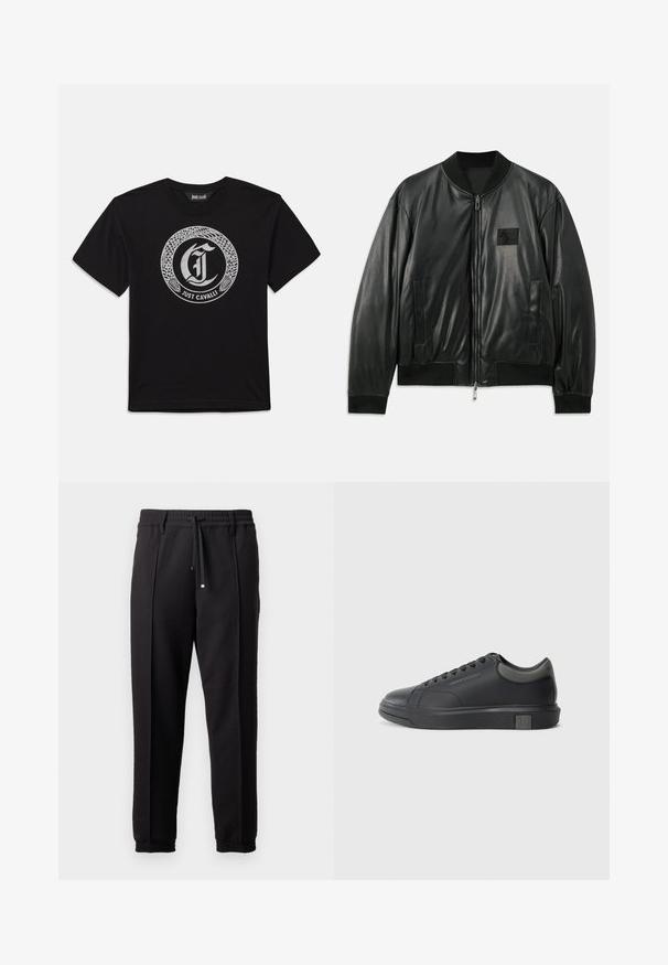 Čierna kožená bomber bunda so zipsom vpredu, rebrovanými manžetami a dolným okrajom, a bočnými vreckami; obsahuje malú nášivku s logom na hrudi.; Čierne tričko s krátkym rukávom s obrysom strieborného hada, ktorý obklopuje gotické písmeno "J" a pod ním je text "Just Cavalli".; Čierne nohavice s pásom, šnúrkou na stiahnutie a elastickými manžetami. Obsahujú pútkové prešitia a hladkú, textúrovanú látku.; Čierne kožené tenisky s hladkým povrchom, zaoblenou špičkou a tmavošedými akcentmi. Obsahujú šnurovací dizajn a štruktúrovanú gumovú podrážku.