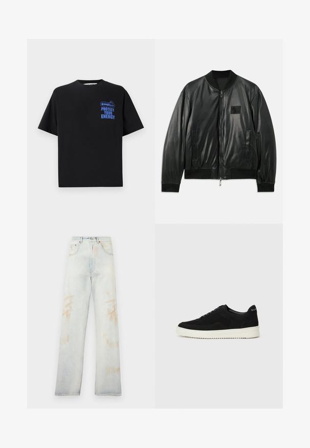 Black leather bomber jacket with a zip front, ribbed cuffs and hem, and side pockets; features a small logo patch on the chest.; Black cotton t-shirt with short sleeves, featuring blue text "PROTECT YOUR ENERGY" and a graphic design on the upper left side.; Light blue denim jeans with a high waist, wide leg, and minor faded patches. Features traditional five-pocket design and metal hardware.; Black suede sneaker with lace-up design and contrasting white rubber sole. Features textured side panels and subtle branding on the heel.