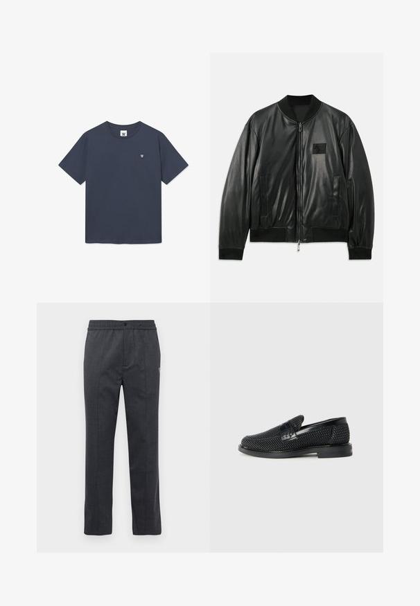 Black leather bomber jacket with a zip front, ribbed cuffs and hem, and side pockets; features a small logo patch on the chest.; Navy blue T-shirt made of cotton with a crew neck, short sleeves, and a small logo patch on the left chest. Smooth fabric texture.; Dark gray straight-leg pants with elastic waistband, front button closure, and subtle embroidered detail on the right side.; Black woven slip-on shoe with a smooth leather accent on the upper, a round toe design, and a low-profile rubber sole.