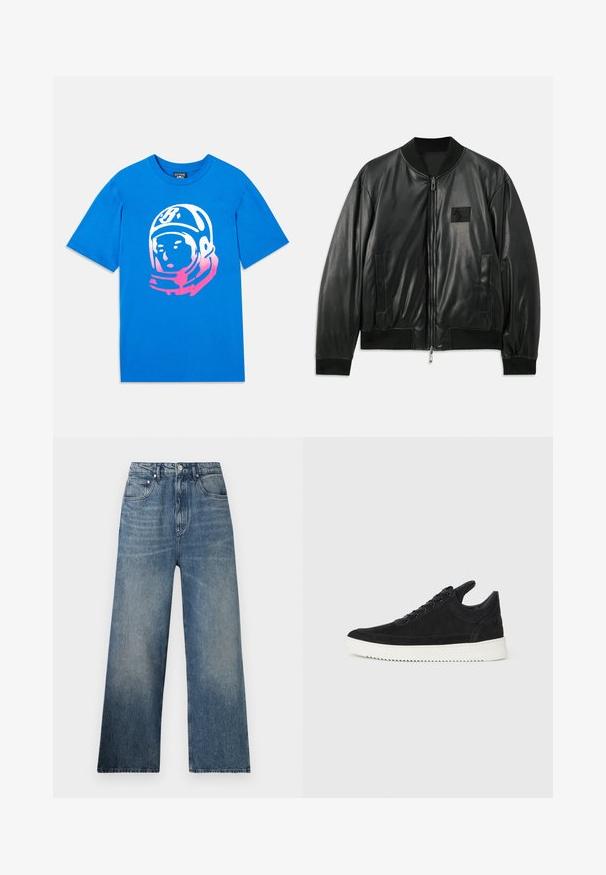 Black leather bomber jacket with a zip front, ribbed cuffs and hem, and side pockets; features a small logo patch on the chest.; Blue cotton t-shirt featuring a graphic print of an astronaut's face in white and pink. Short sleeves and classic crew neck design.; Blue denim wide-leg jeans with a high waist, featuring subtle fading, five pockets, and a metal button closure at the front.; Black suede sneaker with a white rubber sole, featuring tonal stitching and lace-up design. Smooth texture with a modern, streamlined shape.