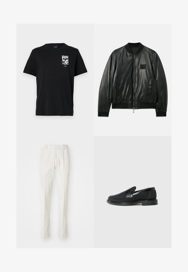 Svart lær bomberjakke med glidelås foran, ribbestrikkede mansjetter og nederkant, samt sidelommer; har et lite logo-patch på brystet.; Sorte bomulls T-skjorte med korte ermer, med et hvitt grafisk trykk med tekst og hodeskaller på venstre bryst. Klassisk rund halsdesign.; Hvite bukser laget av bomull, med rett ben-design, flat front og uten synlige mønstre eller metallkomponenter. Glatt tekstur.; Sorte vevde slip-on sko med en glatt lærdetalj på overdelen, design med rund tå og en lavprofil gummisåle.