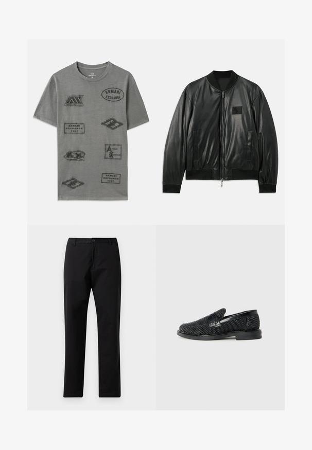 Black leather bomber jacket with a zip front, ribbed cuffs and hem, and side pockets; features a small logo patch on the chest.; Gray cotton t-shirt featuring multiple embossed patches with "Armani Exchange" branding in various shapes and sizes. Crew neck design.; Black straight-leg trousers with button and zip closure, belt loops, and front pockets, displayed on white background.; Black woven slip-on shoe with a smooth leather accent on the upper, a round toe design, and a low-profile rubber sole.