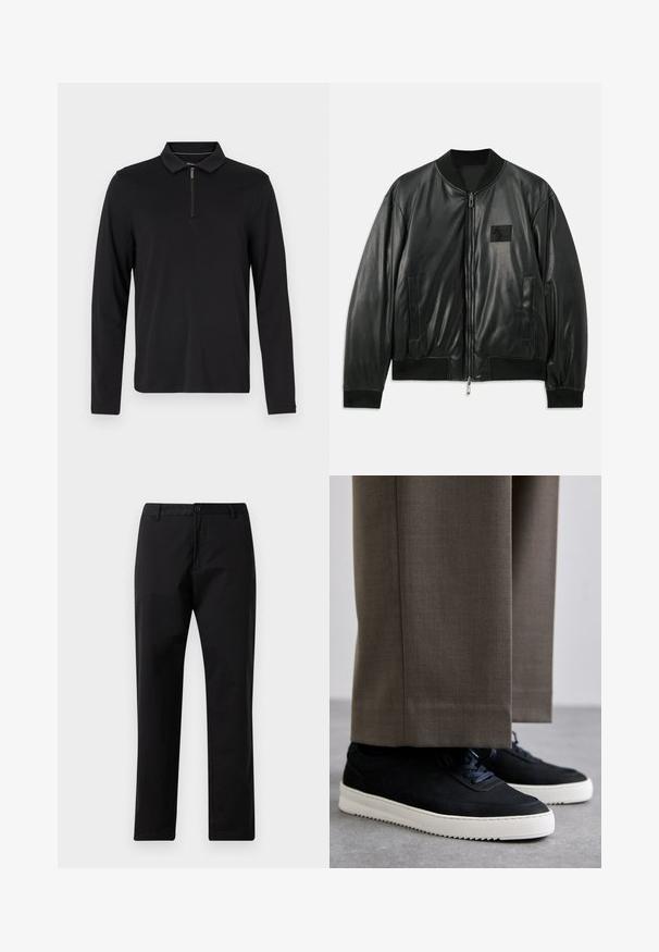 Svart lær bomberjakke med glidelås foran, ribbestrikkede mansjetter og nederkant, samt sidelommer; har et lite logo-patch på brystet.; Svart langermet polo skjorte med glidelåskrage, laget av mykt stoff, med en tettsittende design og uten synlige mønstre eller aksenter.; Svarte rette bukser med knapp- og glidelås-lukking, beltehemper og frontlommer, vist på hvit bakgrunn.; Svarte suedeglans sneakers med hvite gummisåler, med rund tå og lisser, iført grå skreddersydde bukser.