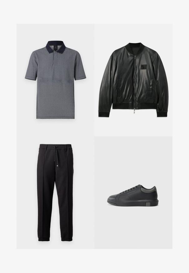 Černá kožená bomber bunda se zipem vpředu, žebrovanými manžetami a lemem a bočními kapsami; má malou nášivku loga na hrudi.; Pánská polokošile s krátkým rukávem v námořnické modři s geometrickým vzorem, má pevným námořnickým límcem a zapínáním na knoflíky. Tkanina působí hladce a je lehká.; Černé kalhoty s páskem, šňůrkou na stažení a elastickými manžetami. Obsahují sklady a hladkou, strukturovanou látku.; Černé kožené tenisky s hladkým povrchem, zaoblenou špičkou a tmavě šedými akcenty. Disponují šněrovacím designem a texturovanou gumovou podrážkou.