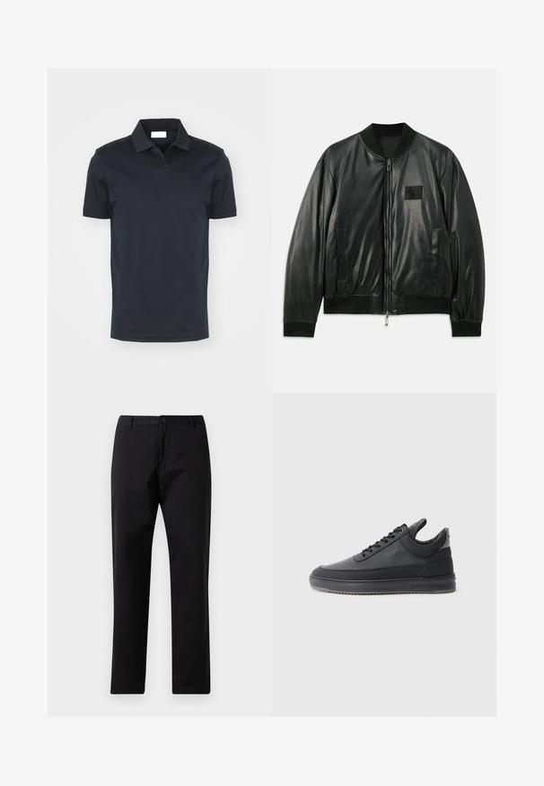 Černá kožená bomber bunda se zipem vpředu, žebrovanými manžetami a lemem a bočními kapsami; má malou nášivku loga na hrudi.; Námořnická modrá polo tričko s klasickým límečkem a krátkými rukávy, vyrobené z hladkého materiálu. Má rovný lem a žádné viditelné vzory.; Černé rovné kalhoty se zapínáním na knoflík a zip, s poutky na opasek a předními kapsami, vystavené na bílém pozadí.; Černé kožené tenisky s texturovaným povrchem, šněrovacím designem, nízkým střihem a šedou gumovou podrážkou s drážkovaným okrajem.