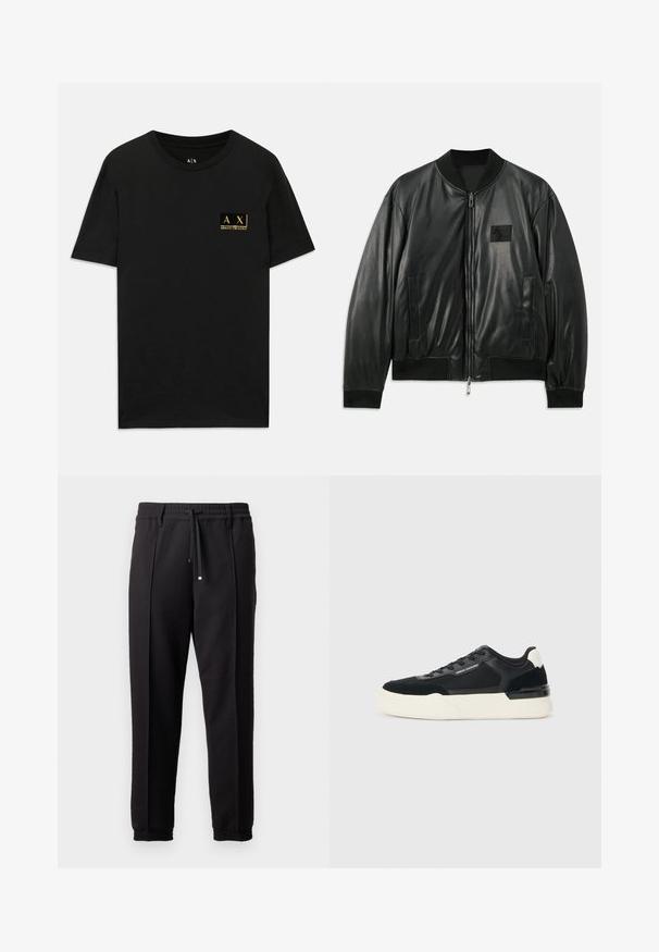 Svart lær bomberjakke med glidelås foran, ribbestrikkede mansjetter og nederkant, samt sidelommer; har et lite logo-patch på brystet.; Svart bomull t-skjorte med rund hals. Har et lite gulllogo-patch på venstre bryst med teksten "AX Armani Exchange". Klassisk passform.; Sorte bukser med liv, snor og elastiske mansjetter. Har plisséer og et glatt, teksturert stoff.; Svart sneaker laget av mesh og lær, med en tykk hvit såle og kontrasterende detaljer. Lissene og logoen er detaljer på siden.