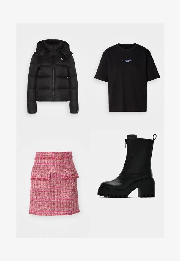Calvin Klein Jeans ARCHETYPE SHORT PUFFER - Jachetă cu puf - black; Tricou din bumbac negru cu guler rotund, mâneci scurte și logo-ul brodat în albastru "Calvin Klein JEANS" pe față.; Fustă roz din tweed cu un țesut texturat, două buzunare frontale cu margini franjurate și un accent metalic subtil.; Botine negre din piele cu talpă groasă, toc pătrat, fermoar lateral și manșetă la spate, pe un fundal alb simplu.