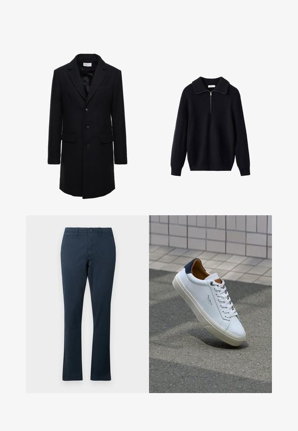 Tummansininen villatakki, joka on muotoiltu istuvaksi, yksirivinen malli, huippulaput ja kaksi etutaskua, joissa on napitus.; Mustan neulepaidassa on railsimainen pinta, leveä kaulus ja puolipitkä vetoketju edessä. Pitkät hihat ja rento istuvuus.; Vaaleansininen nappikauluspaita, jossa on pitkähihaiset hihat, teräväkauluksinen ja valkoisia nappeja. Sisällä kauluksessa on kuvioitu kangas. Materiaali on sileää.; Tummansinisiä puuvilla-sekoitekankaisia housuja suorahkolla lahkeella, joissa on etutaskut, nappisulku ja vyölenkit. Silkkinen pinta.; Valkoinen nahkakenkä, jossa on tummansininen kantapää, pyöreä kärki ja ristikkäiset ruskeat korostukset. Varustettu tasapaksuilla nauhoilla ja teksturoidulla kumipohjalla.