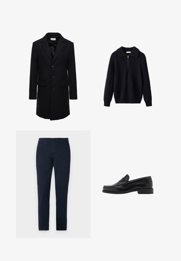 Dark navy wool coat with a tailored fit, single-breasted design, peak lapels, and two front pockets, featuring a button closure.; Black knitted sweater featuring a ribbed texture, a wide collar, and a half-length zipper at the front. Long sleeves and a relaxed fit.; Light blue button-up shirt with long sleeves, a pointed collar, and white buttons. Features a patterned interior collar. Smooth fabric texture.; Navy blue chinos made of cotton, featuring a straight-leg design, front pockets, a button closure, and subtle stitching details.; Black leather loafers with a smooth finish, stitched detailing on the toe, and a low heel design for comfort and style.