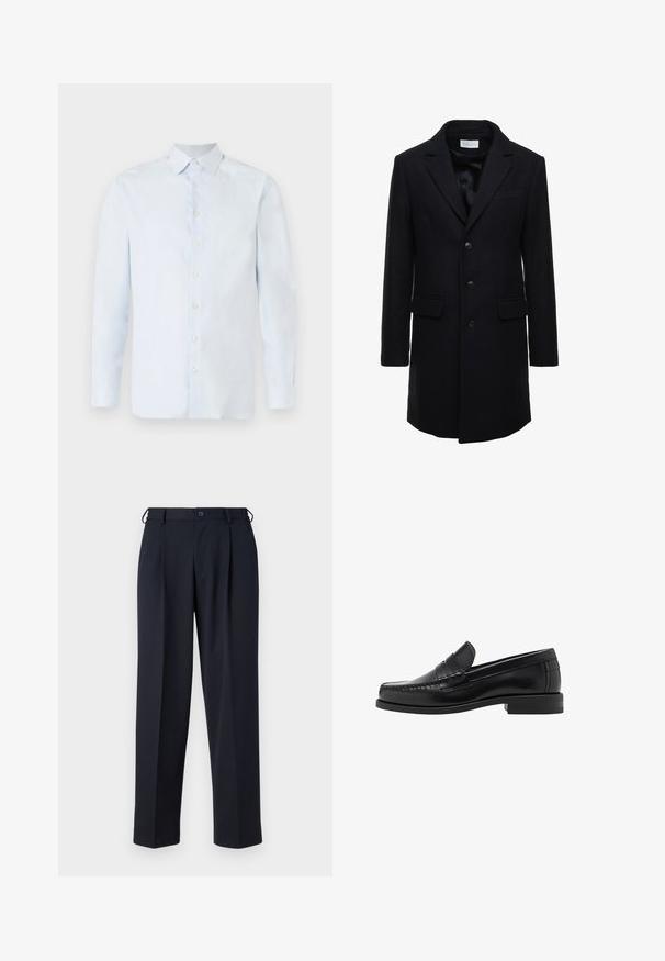 Temno moder volnen plašč s krojem, ki se prilega telesu, enojno zapenjanje, s picoleti, in dvema sprednjima žepoma, ima zapiranje na gumb.; Črni pleteni pulover z rebrasto teksturo, širokim ovratnikom in zadrgo do polovice spredaj. Dolgi rokavi in sproščen kroj.; Svetlo modra dolga majica iz bombaža z gumbom na ovratniku, sprednjim delom s gumbi in gladko, strukturirano površino.; Temno modri hlače iz gladkega blaga, s ravnim krojem, z gubami spredaj in z gumbom za zapiranje v pasu.; Črne usnjene loafer čevlje z gladko površino, šivani detajli na prstu in nizka peta za udobje in stil.