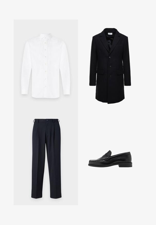 Temno moder volnen plašč s krojem, ki se prilega telesu, enojno zapenjanje, s picoleti, in dvema sprednjima žepoma, ima zapiranje na gumb.; Črni pleteni pulover z rebrasto teksturo, širokim ovratnikom in zadrgo do polovice spredaj. Dolgi rokavi in sproščen kroj.; Bela dolga srajca z dolgimi rokavi, izdelana iz bombaža, s klasičnim ovratnikom in gumbom spredaj. Ima osem svetlih gumbov ob gumbnici.; Temno modri hlače iz gladkega blaga, s ravnim krojem, z gubami spredaj in z gumbom za zapiranje v pasu.; Črne usnjene loafer čevlje z gladko površino, šivani detajli na prstu in nizka peta za udobje in stil.