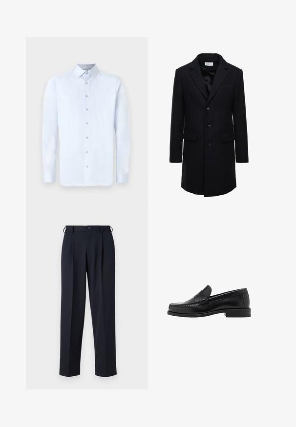 Mørk navy uldfrakke med skræddersyet pasform, enkelt knaplukning, spidse klapper og to forlommer, med knaplukning.; Sort strikket sweater med ribbet tekstur, en bred krave og en halvlang lynlås foran. Lange ærmer og en afslappet pasform.; Lys blå langærmet skjorte med spids krave, frontlukning med knapper og glat tekstur. Har sølvfarvede knapdetaljer på lukningen.; Mørkeblå bukser lavet af et glat stof, med lige snit, plisseret front og en knaplukning i taljen.; Sorte læder loafers med en glat finish, syede detaljer på tåen og et lavt hældesign for komfort og stil.