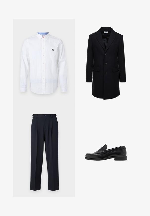 Mörkblå ullrock med skräddarsydd passform, enkelknäppt design, spetsiga slag och två framfickor, med knäpplinkning.; Svart stickad tröja med ribbat mönster, bred krage och halv-längds dragkedja framtill. Långa ärmar och en avslappnad passform.; Vit knappad skjorta i bomull, med krage, långa ärmar och en broderad färgglad zebra-logotyp på bröstet.; Navyblå byxor i ett slätt tyg, med rak passform, veckad front och knappstängning i midjan.; Svarta läderloafers med en slät finish, sömnadsdetaljer på tån och en låg klackdesign för komfort och stil.