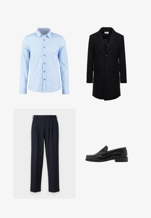 Tummansininen villatakki, joka on muotoiltu istuvaksi, yksirivinen malli, huippulaput ja kaksi etutaskua, joissa on napitus.; Mustan neulepaidassa on railsimainen pinta, leveä kaulus ja puolipitkä vetoketju edessä. Pitkät hihat ja rento istuvuus.; Vaaleansininen pitkähihaisista paita, jossa on napillinen kaulus. Paidassa on tummansiniset napit ja kauluksen sisällä on ruudullinen kangasviimeistely.; Tummansinisiä housuja, jotka on valmistettu sileästä kankaasta. Niissä on suora leikkaus, poimutettu etuosa ja nappikiinnitys vyötäröllä.; Musta nahkayksilöinen loafersi, jossa on sileä pinta, ommellut yksityiskohdat varpaisiin ja matala kanta mukavuutta ja tyyliä varten.