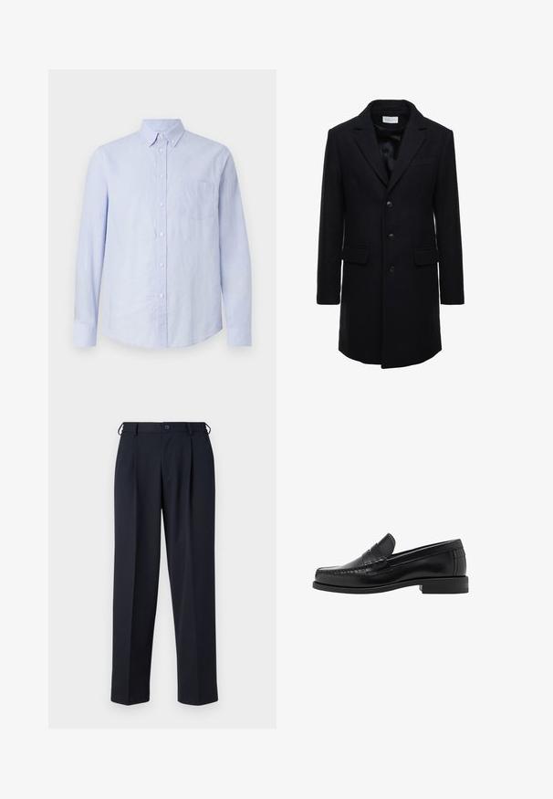 Cappotto in lana di un blu scuro, con una vestibilità su misura, design a un petto, revers a punta e due tasche frontali, dotato di chiusura con bottone.; Maglione nero lavorato a maglia con una texture a coste, un ampio colletto e una zipper a metà lunghezza sul davanti. Maniche lunghe e vestibilità rilassata.; Camicia azzurro chiaro a maniche lunghe con bottoni, realizzata in un tessuto testurizzato. Presenta un colletto button-down e una tasca singola sul lato sinistro del petto.; Pantaloni blu navy realizzati in un tessuto liscio, con un taglio dritto, fronte plissé e chiusura con bottone in vita.; Mocassini in pelle nera con una finitura liscia, dettagli cuciti sulla punta e un design a tacco basso per comfort e stile.